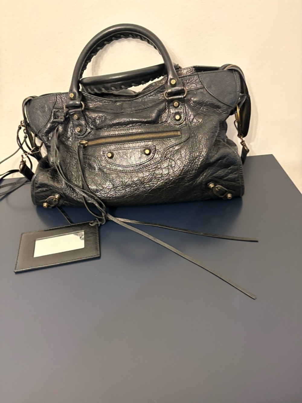 Balenciaga Black Textured Leather City Satchel with Gold Hardware